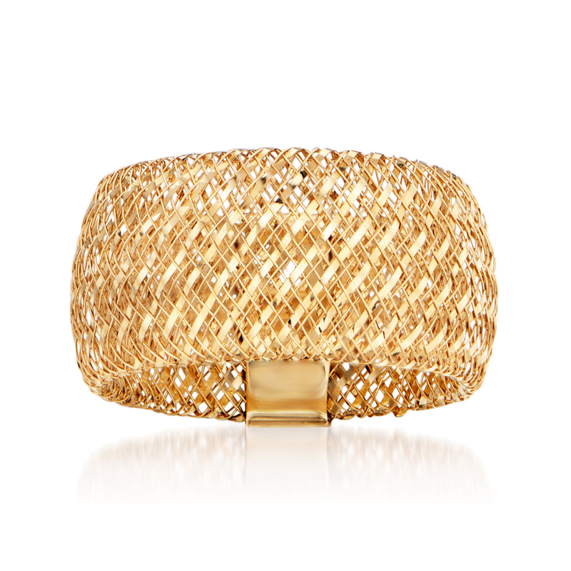 14kt yellow gold mesh cuff ring with rectangular center bezel, wide design