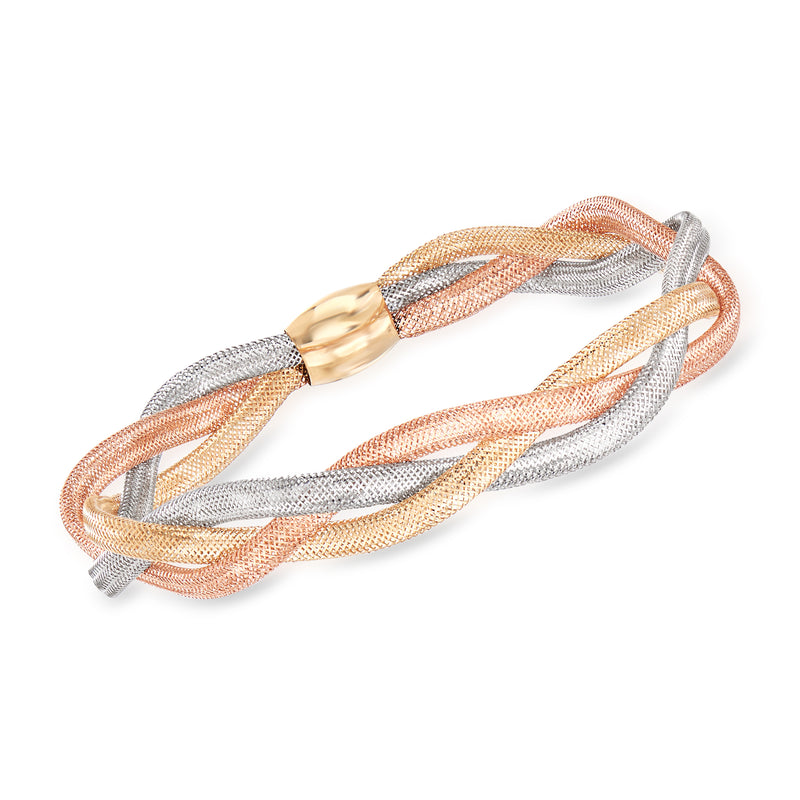 Tri-colored gold braided mesh bangle bracelet in rose, yellow, and silver tones