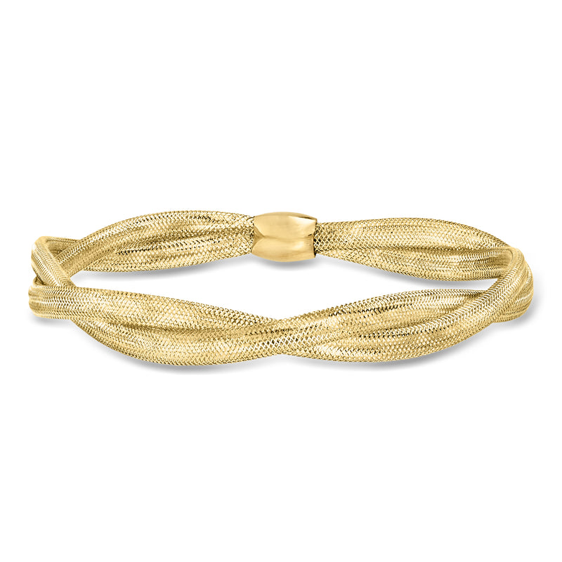 Yellow gold double-mesh bangle bracelet with rectangular clasp