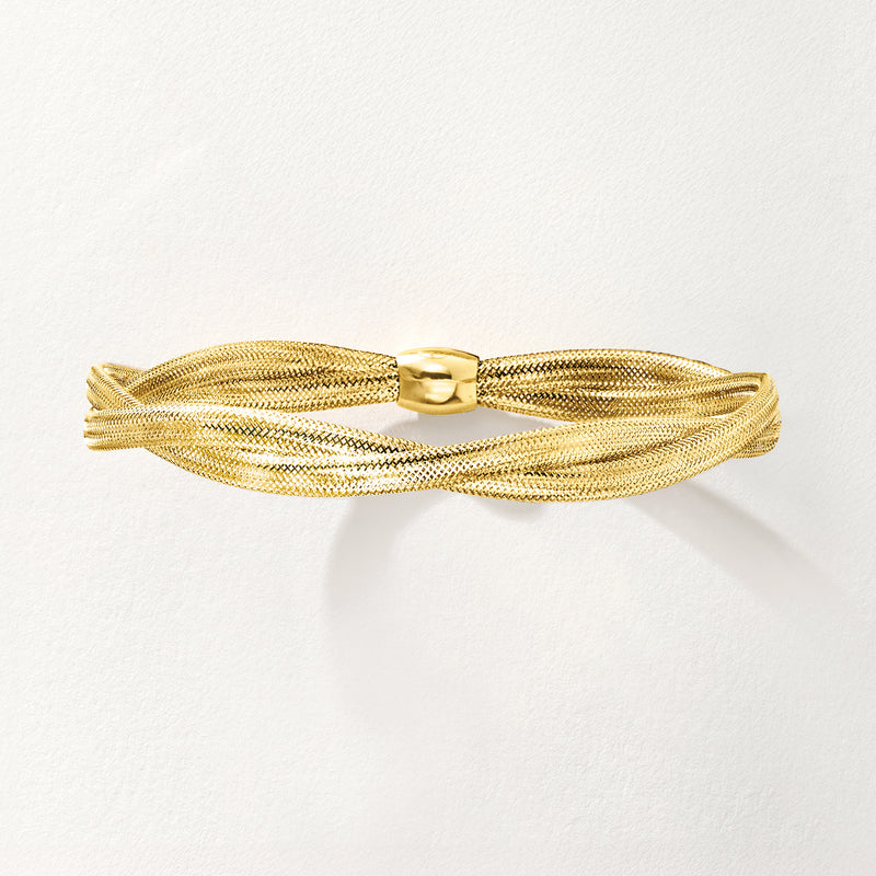 Yellow gold double-mesh bangle bracelet angled view, rectangular clasp
