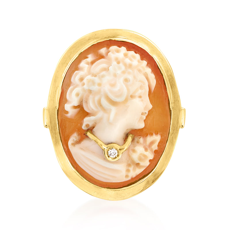 18kt gold over sterling oval orange shell cameo ring, white profile with diamond accent