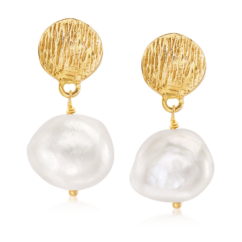 Gold-tone drop earrings with textured round caps and large white cultured pearl drops
