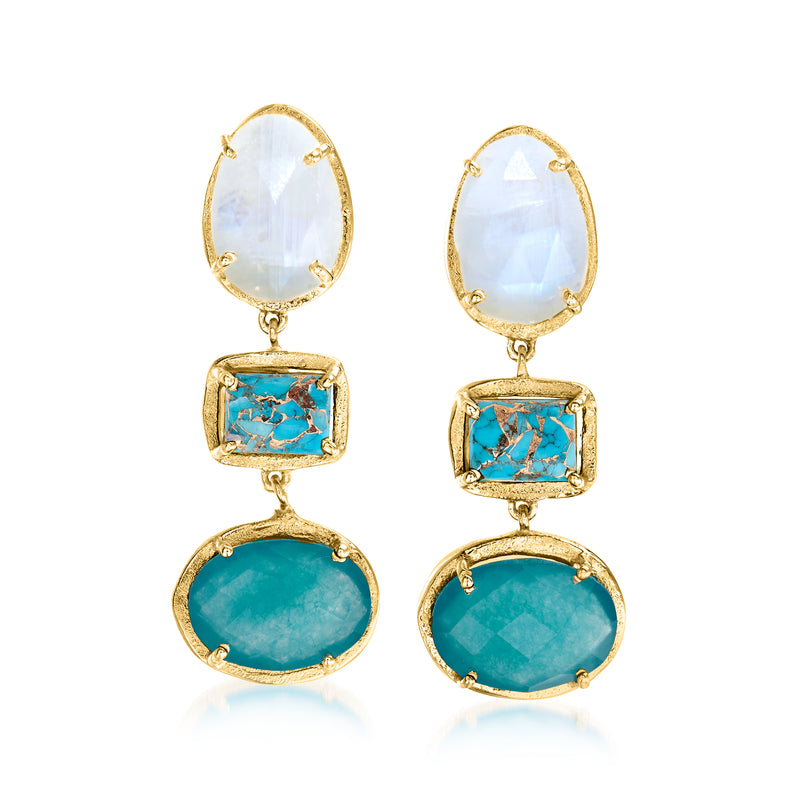 Gold drop earrings with white moonstone top and teal square/oval gemstone drops