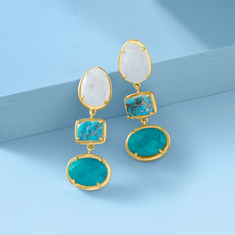 Gold drop earrings with white oval stone and teal square and oval gemstone drops