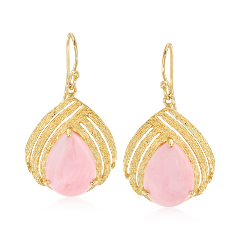 18kt gold over sterling drop earrings with pink opal teardrop and textured gold frame
