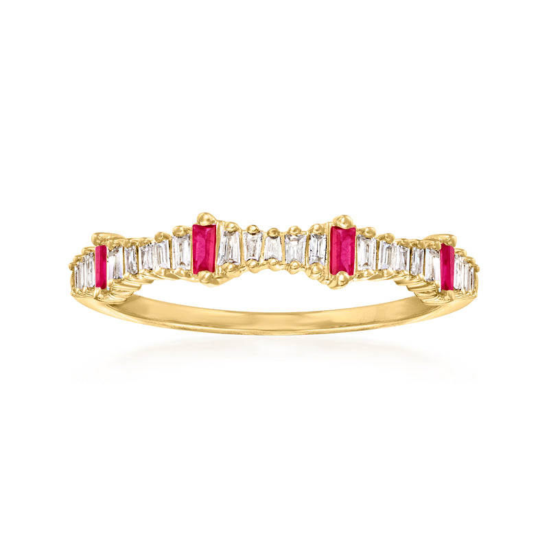 14kt yellow gold stackable ring with baguette diamonds and ruby insets