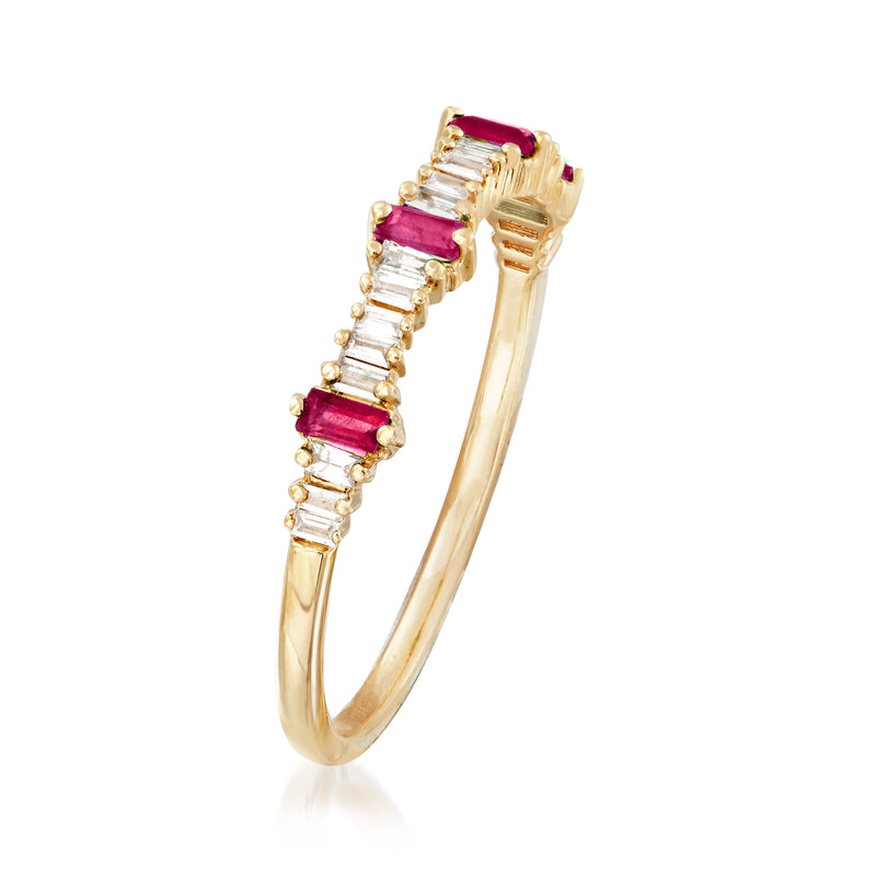 Yellow gold stackable ring with prong-set diamonds and ruby stones, side view