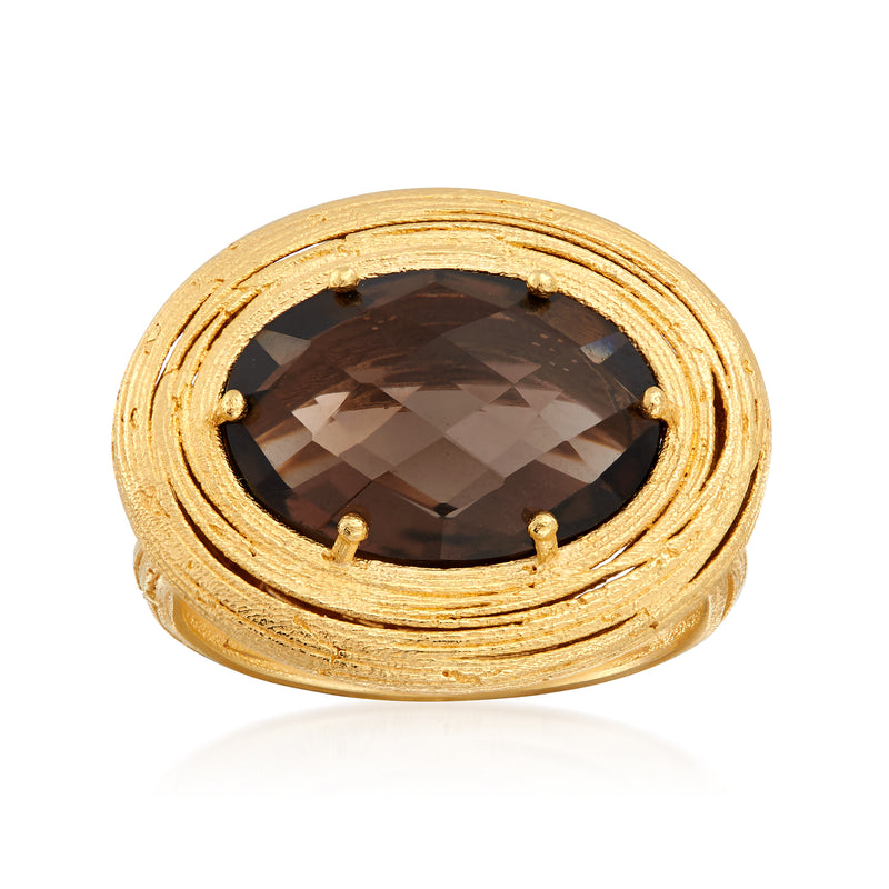 18kt gold over sterling ring with oval faceted smoky quartz and twisted bezel setting