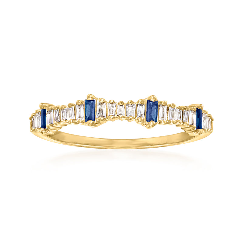 14kt yellow gold stackable ring with blue sapphire and clear baguette-cut stones