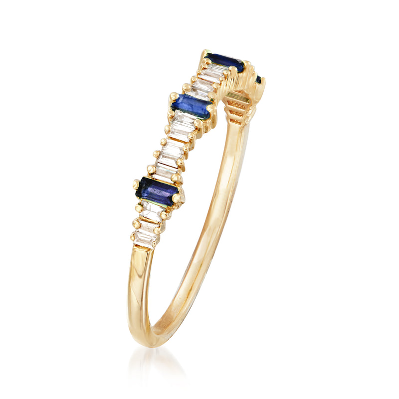 14kt yellow gold stackable ring, side view, blue sapphire and clear baguette stones
