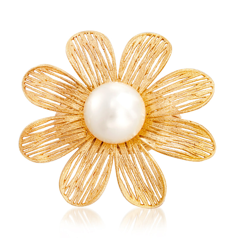 Gold flower ring with round white cultured pearl center