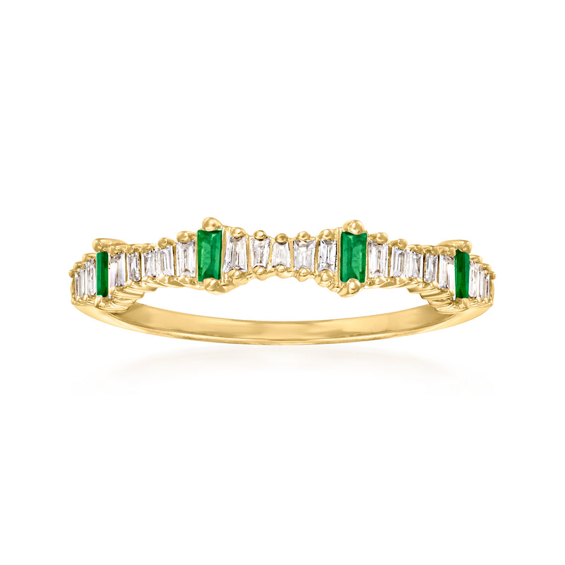 14kt yellow gold stackable ring with green emeralds and clear diamond baguettes