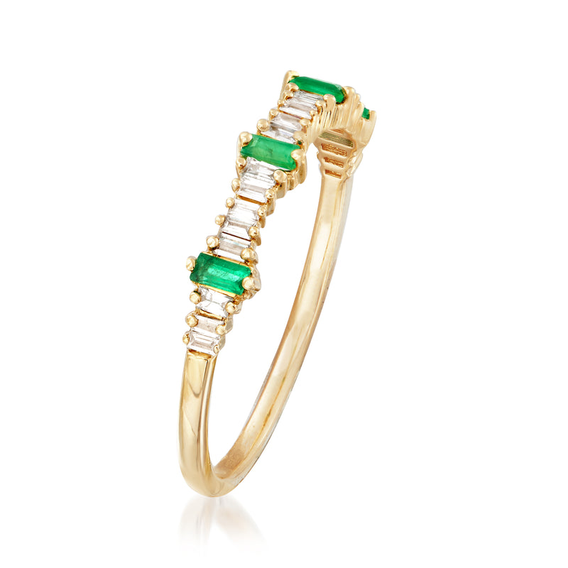 14kt yellow gold stackable ring with emerald square settings and diamond baguette accents