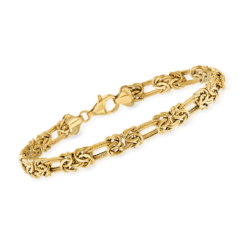 14kt yellow gold flat Byzantine double-link bracelet with secure clasp, polished finish