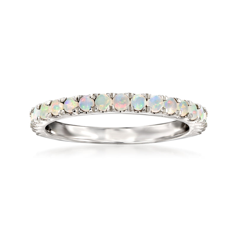 Sterling silver opal ring with a row of round opal stones, prong-set