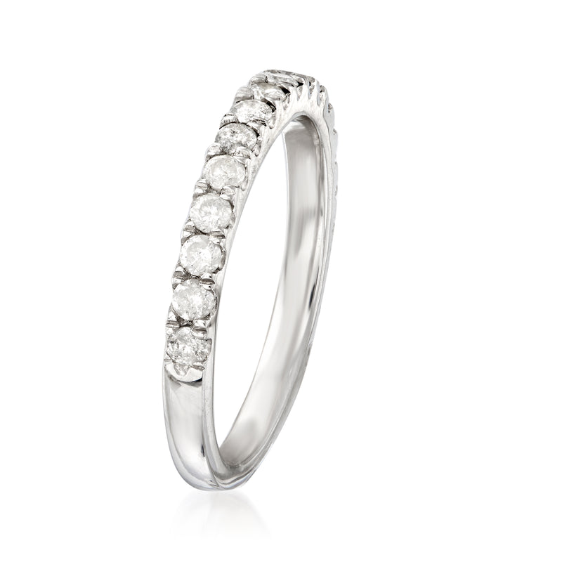 Sterling silver diamond ring band with round pave stones, side view