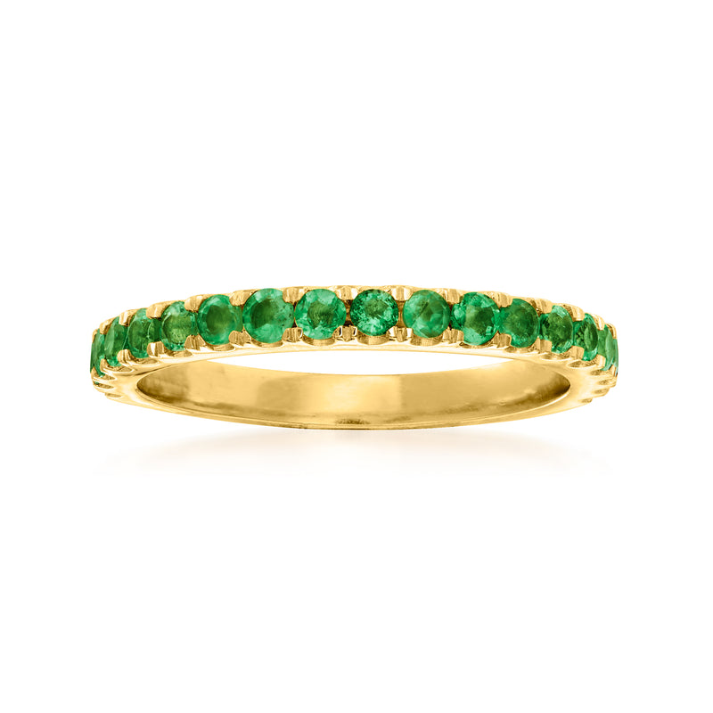 18kt gold over sterling emerald ring with green round stones, polished band