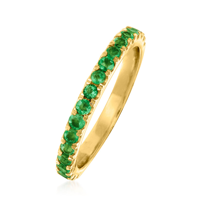 Emerald ring in 18kt gold over sterling, side view of green round stones on band