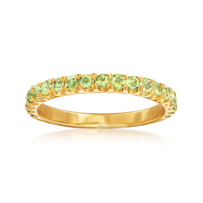 18kt gold over sterling peridot ring with round green gemstones, full band