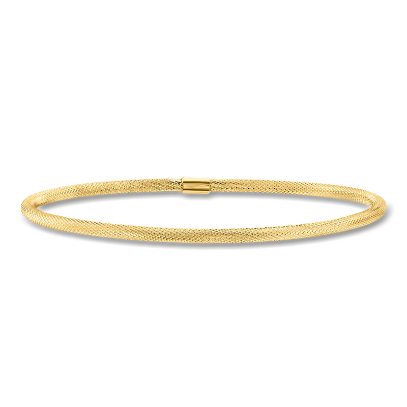 Yellow gold textured bangle bracelet with smooth clasp bar