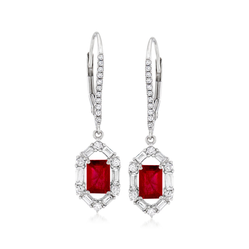Red ruby and diamond drop earrings in 18kt white gold, leverback with red stone halos