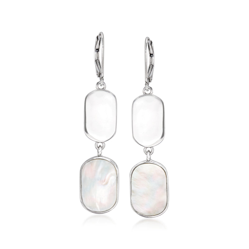 Sterling silver leverback drop earrings with white mother-of-pearl double rectangles