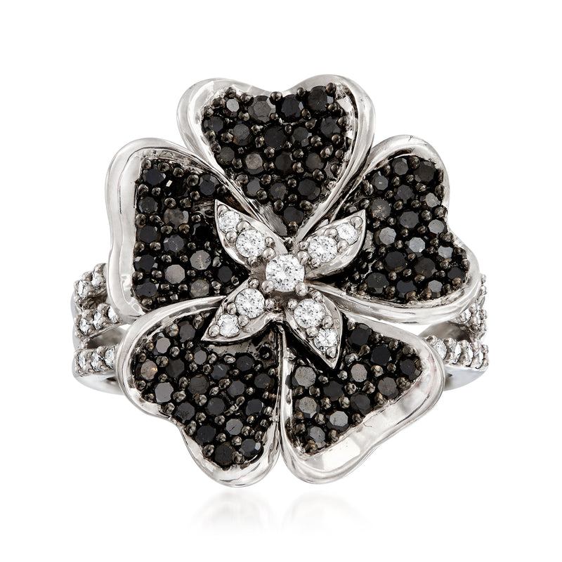 Sterling silver black and white diamond flower ring