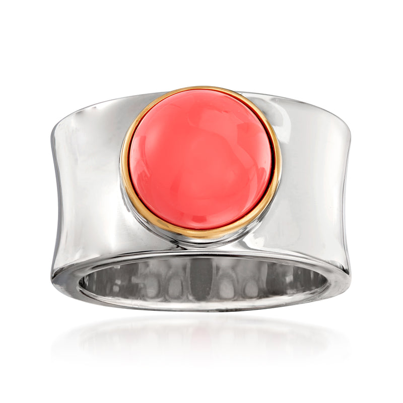 Sterling silver wide ring with orange coral oval and 14kt yellow gold bezel