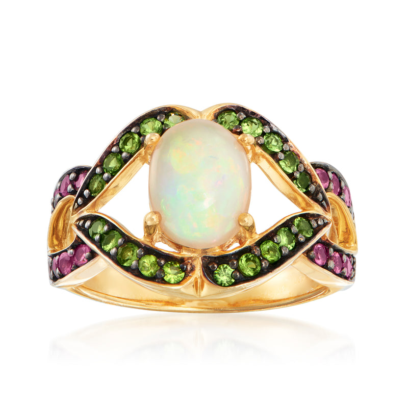 Opal opalescent oval ring with gold-tone setting, green chrome diopside and pink stones