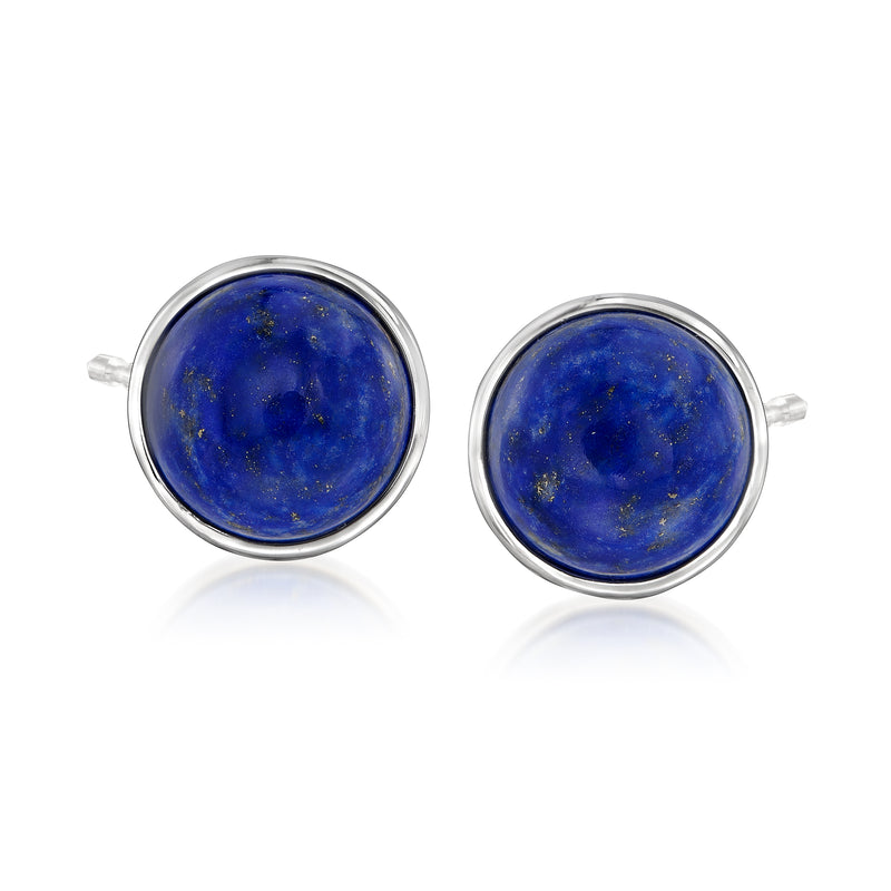 Sterling silver lapis stud earrings, round blue gemstone with subtle speckling