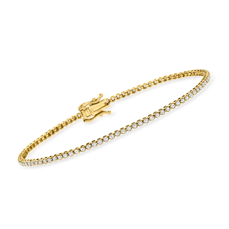 14kt yellow gold diamond tennis bracelet with round stones and box clasp