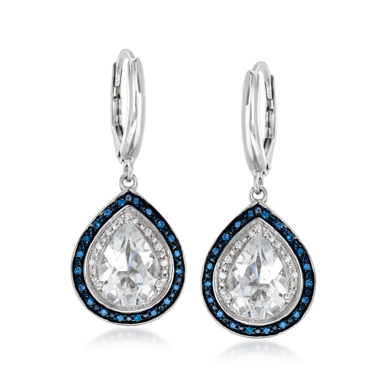 Sterling silver leverback teardrop earrings with white center stone and blue halo