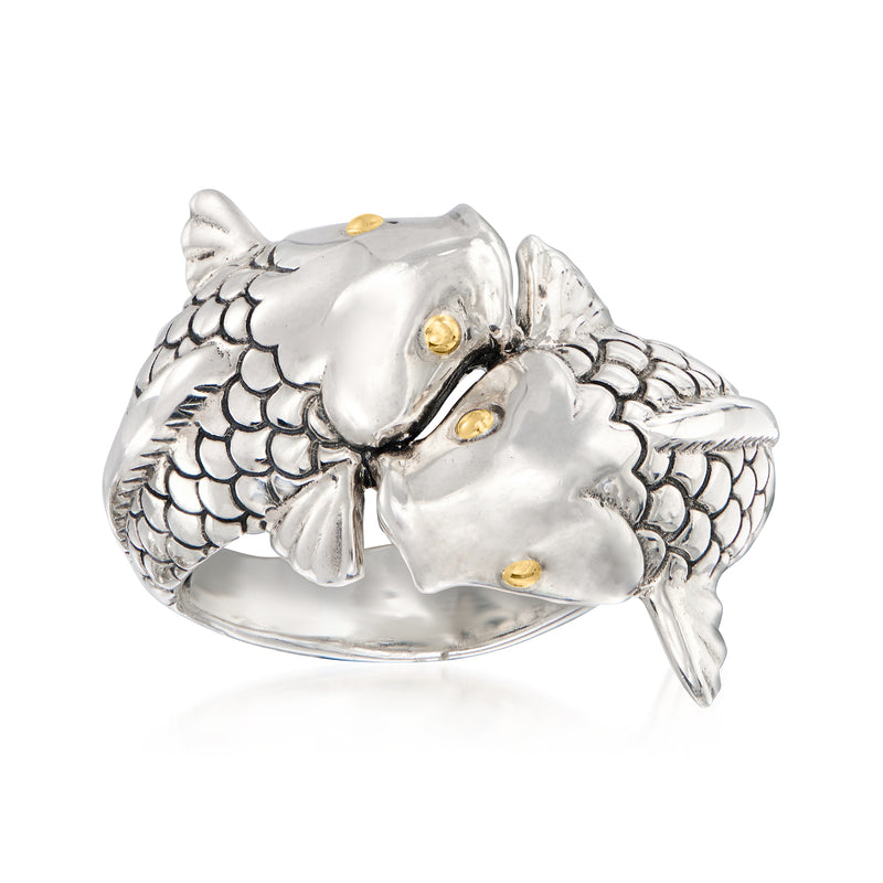 Sterling silver fish bypass ring with 18kt yellow gold accents, oval openings