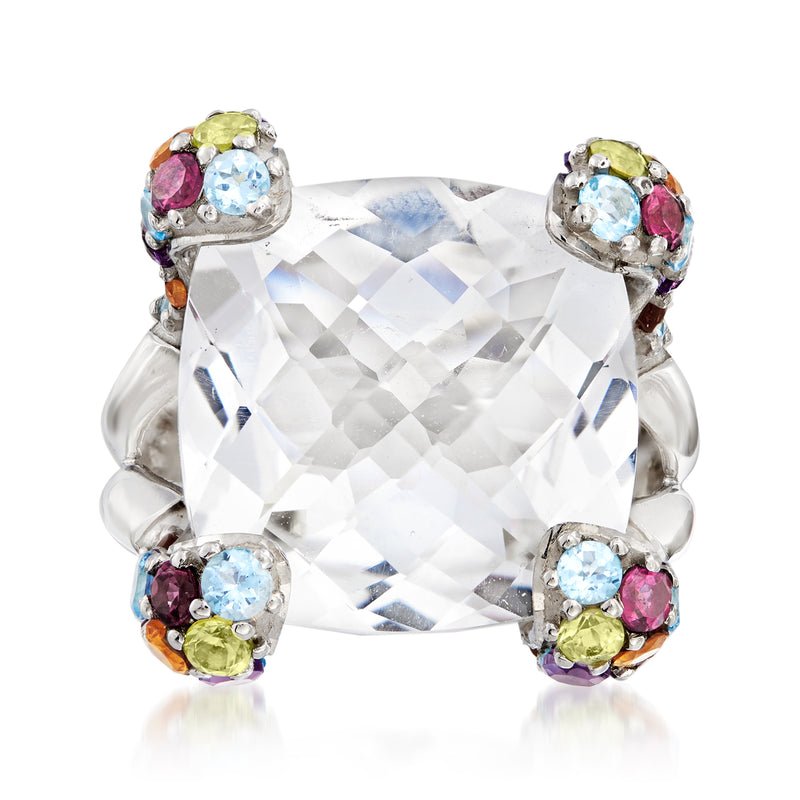 Sterling silver ring with square clear gemstone centerpiece and multicolor side clusters