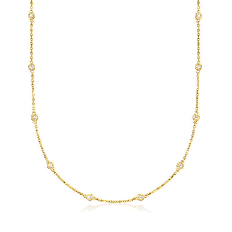 18kt gold over sterling necklace with round bezel-set diamond stations, linked chain