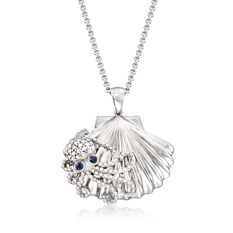 Sterling silver pendant necklace with shell-shaped octopus, two blue sapphire-like stones