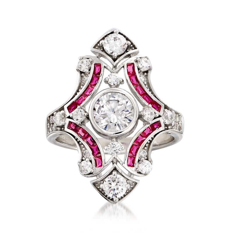Sterling silver ring with round clear CZ center, pink simulated ruby side stones
