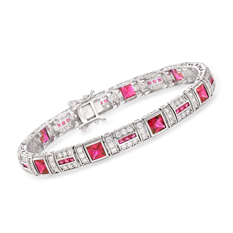 Sterling silver tennis bracelet with rectangular pink simulated ruby and clear CZ stones