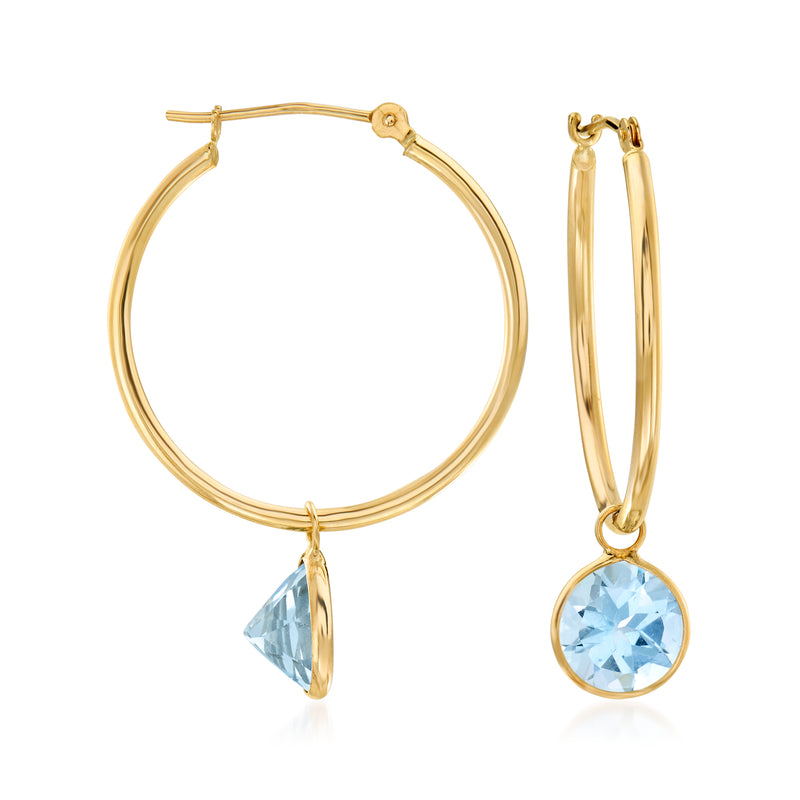 14kt yellow gold sky blue topaz interchangeable hoop earrings with round drop stones