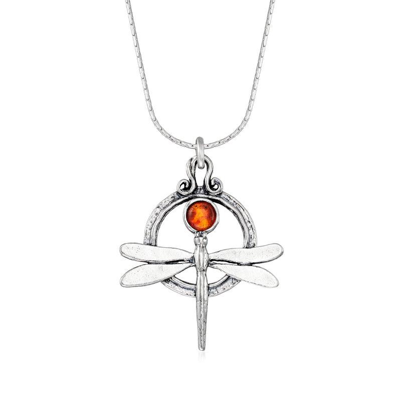 Sterling silver dragonfly necklace with amber cabochon and dangling round pendant
