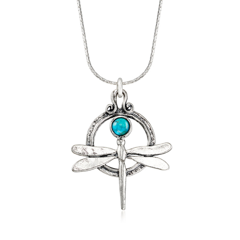 Sterling silver dragonfly necklace with turquoise round stone pendant on chain