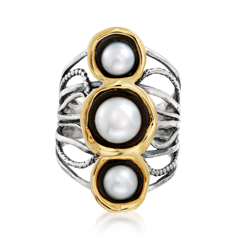 Open-space sterling silver ring with three cultured pearls in 14kt yellow gold bezels