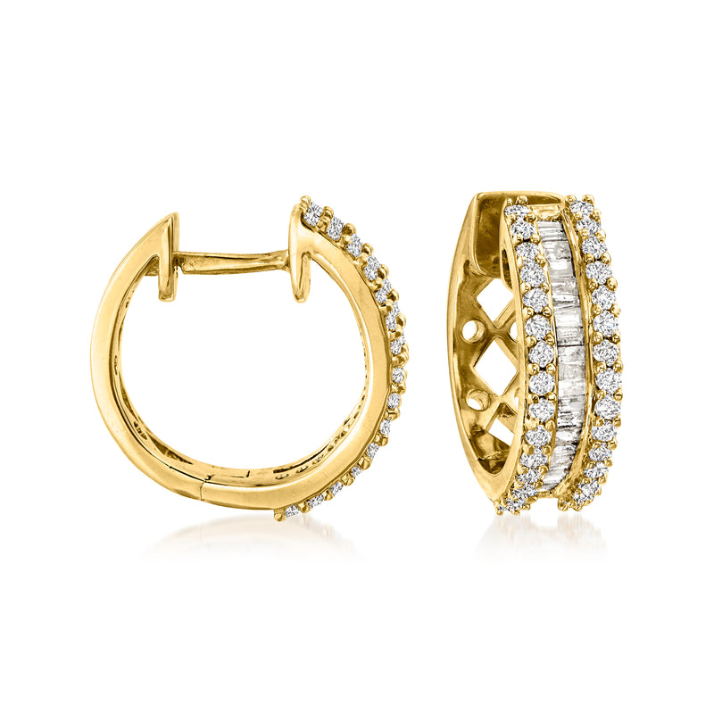 Diamond hoop earrings in gold over sterling with round and baguette stones