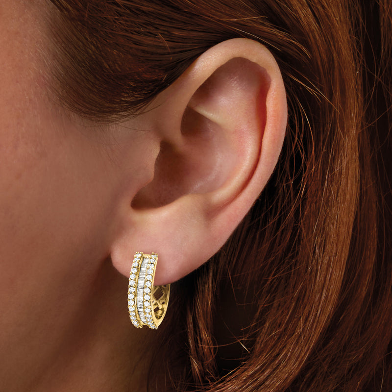 Diamond hoop earrings in 18kt gold over sterling with round and baguette stones
