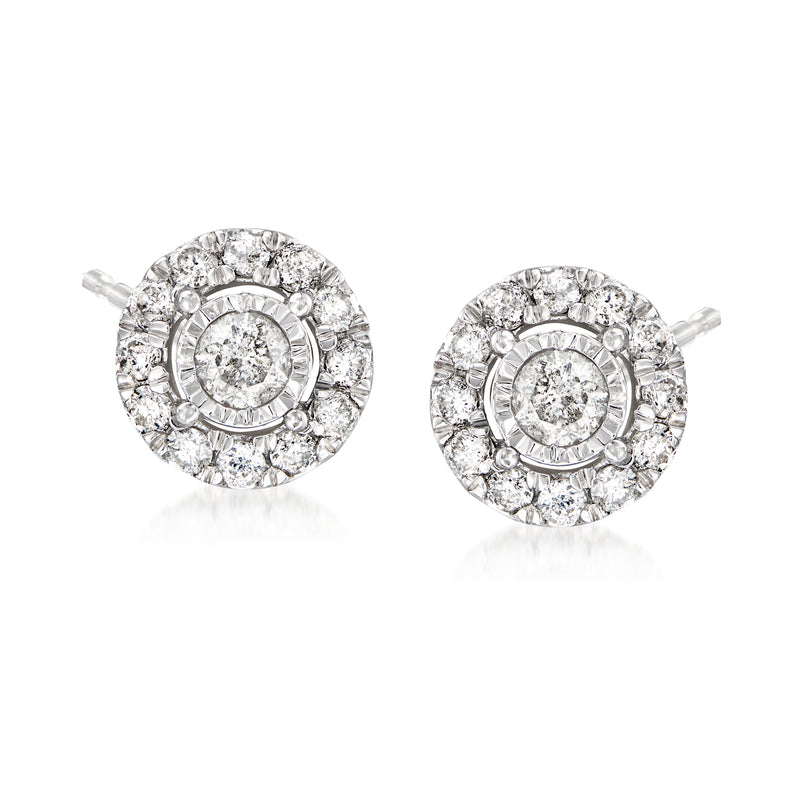 Sterling silver diamond stud earrings with circular halo of round stones