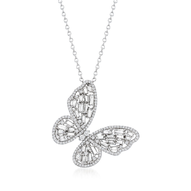 14kt white gold diamond butterfly pendant necklace with baguette sparkle stones