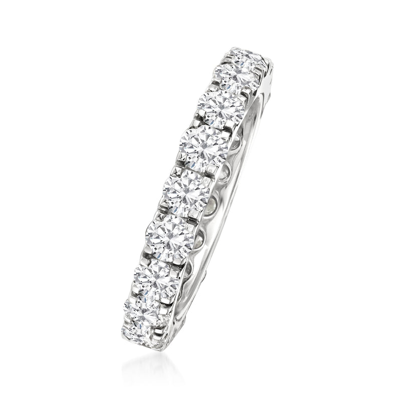 Diamond eternity band in 14kt white gold with channel-set square-cut stones, side view