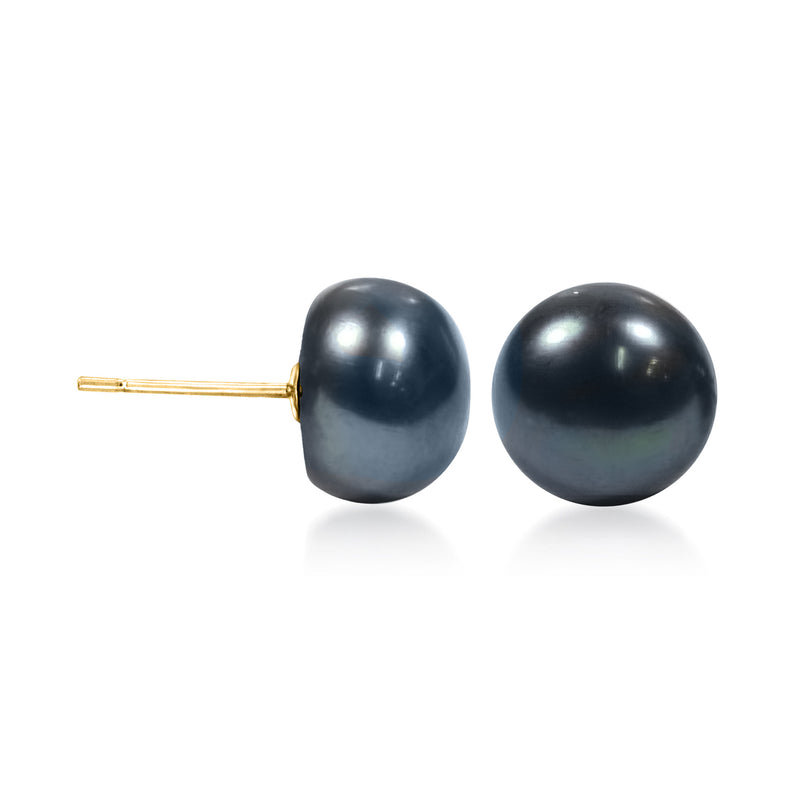 Cultured black peacock pearl stud earrings with 14kt yellow gold posts, round pearls