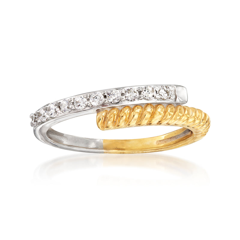 Diamond bypass ring in sterling silver and 18kt gold over sterling, two-tone with pavé band