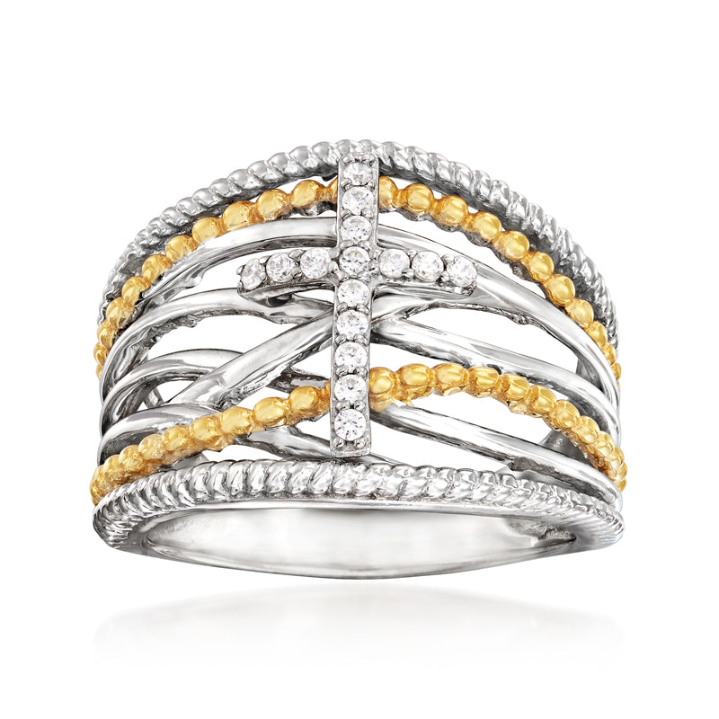 Diamond cross crisscross ring with yellow gold accents on sterling silver band